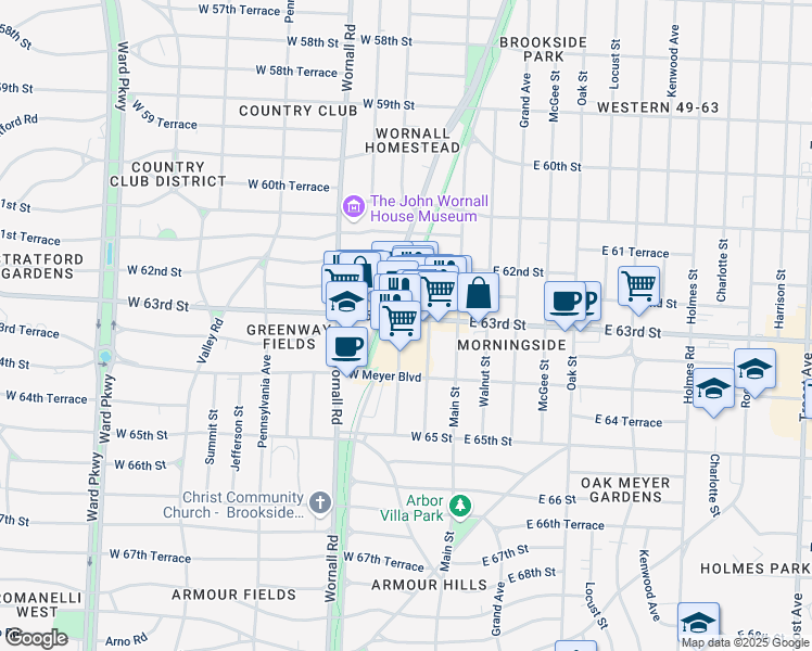 map of restaurants, bars, coffee shops, grocery stores, and more near 6312 Baltimore Avenue in Kansas City
