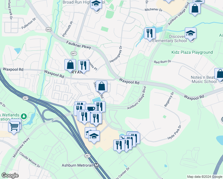 map of restaurants, bars, coffee shops, grocery stores, and more near 21784 Goose Cross Terrace in Ashburn