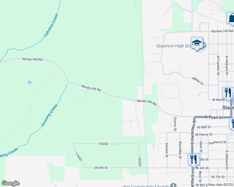 map of restaurants, bars, coffee shops, grocery stores, and more near 18336 Windy Hill Road in Staunton