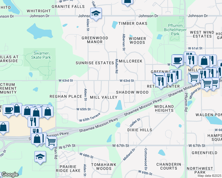 map of restaurants, bars, coffee shops, grocery stores, and more near 14318 West 64th Street in Shawnee