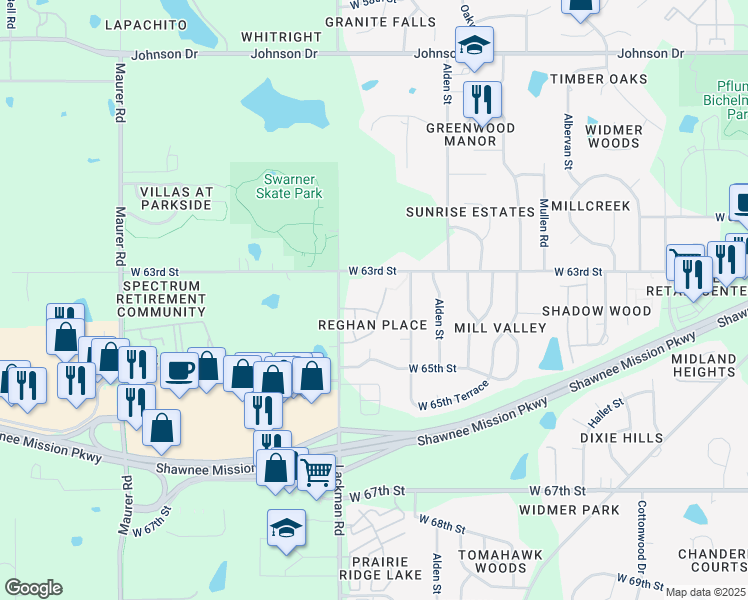 map of restaurants, bars, coffee shops, grocery stores, and more near 6318 Darnell Street in Shawnee