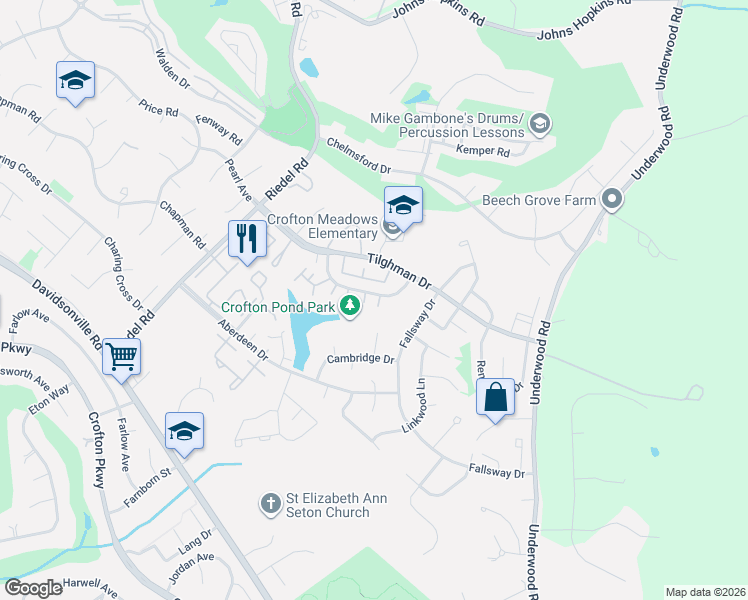 map of restaurants, bars, coffee shops, grocery stores, and more near 1900 Encino Drive in Crofton
