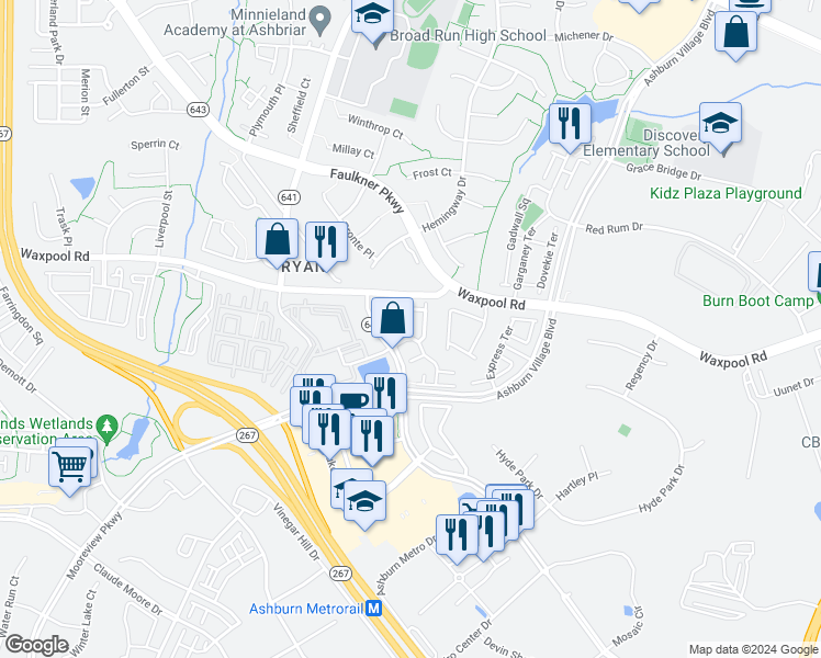 map of restaurants, bars, coffee shops, grocery stores, and more near 21788 Oakville Terrace in Ashburn