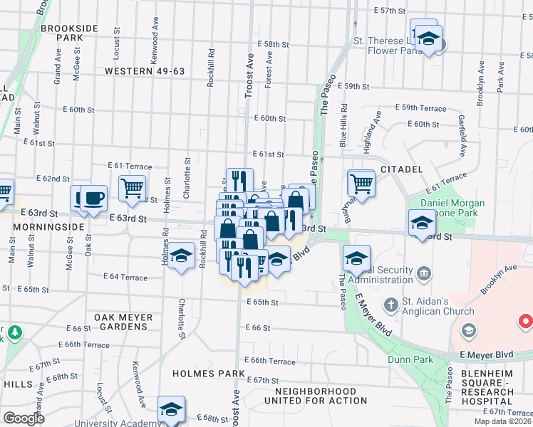 map of restaurants, bars, coffee shops, grocery stores, and more near 1100 East 63rd Street in Kansas City