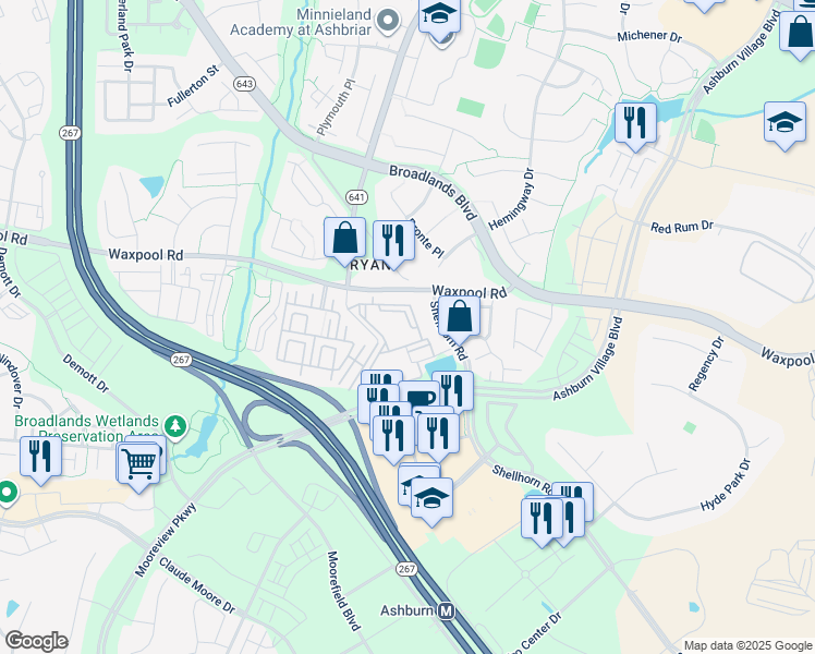 map of restaurants, bars, coffee shops, grocery stores, and more near 21819 Cobb Run Terrace in Ashburn