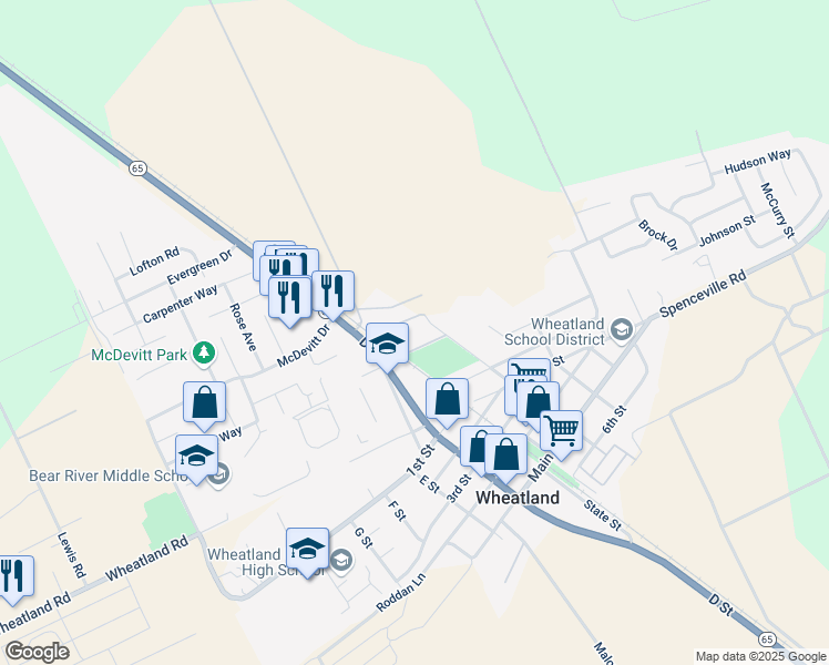 map of restaurants, bars, coffee shops, grocery stores, and more near 121 C Street in Wheatland