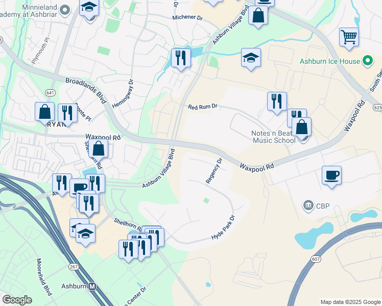 map of restaurants, bars, coffee shops, grocery stores, and more near 43888 Loganwood Court in Ashburn
