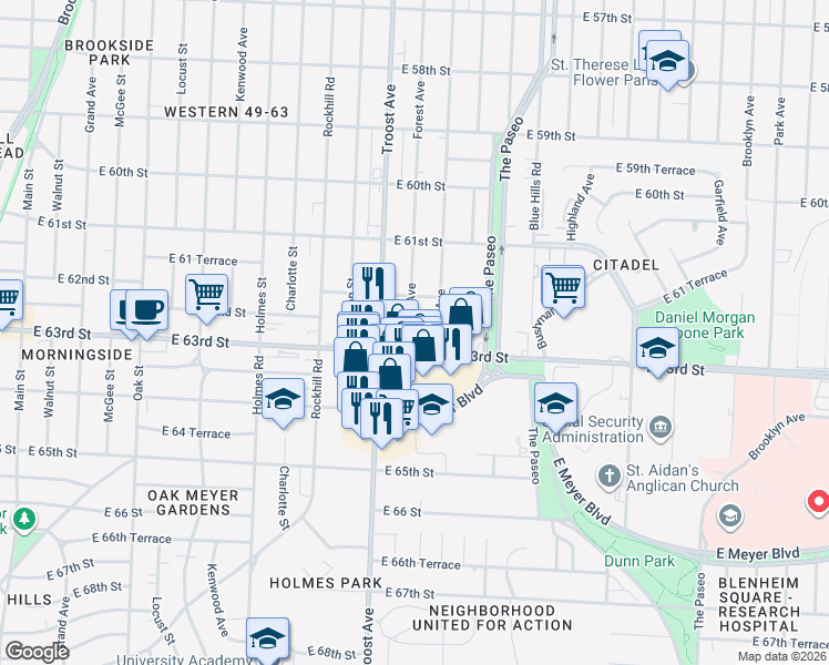 map of restaurants, bars, coffee shops, grocery stores, and more near 1100 East 63rd Street in Kansas City