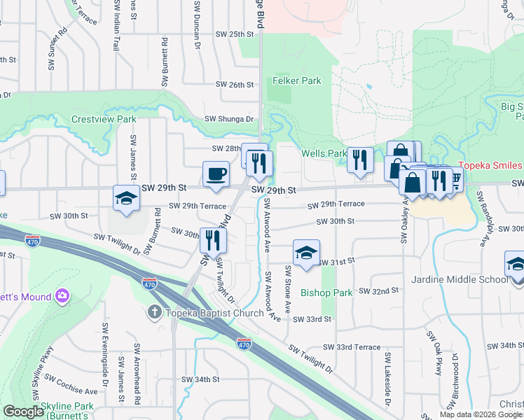 map of restaurants, bars, coffee shops, grocery stores, and more near 2924 Southwest Lydia Avenue in Topeka