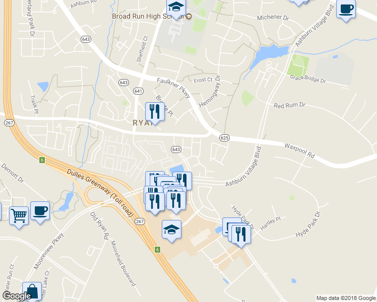 map of restaurants, bars, coffee shops, grocery stores, and more near 21789 Oakville Terrace in Ashburn