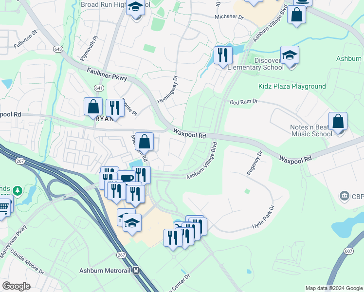 map of restaurants, bars, coffee shops, grocery stores, and more near 21844 Ladyslipper Square in Ashburn