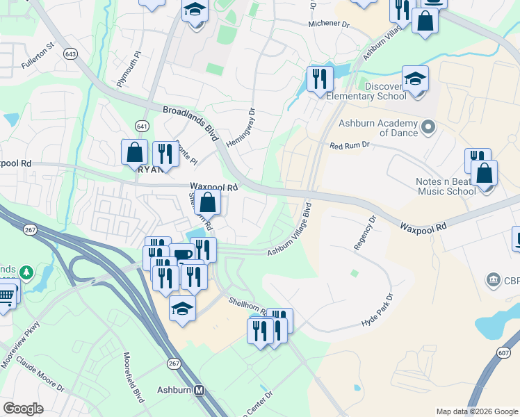 map of restaurants, bars, coffee shops, grocery stores, and more near 21844 Ladyslipper Square in Ashburn