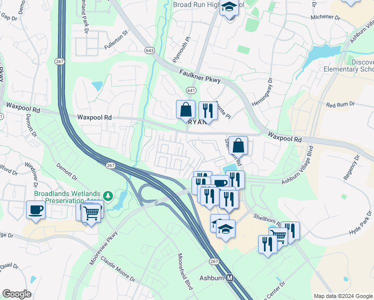 map of restaurants, bars, coffee shops, grocery stores, and more near Flanders Court in Ashburn