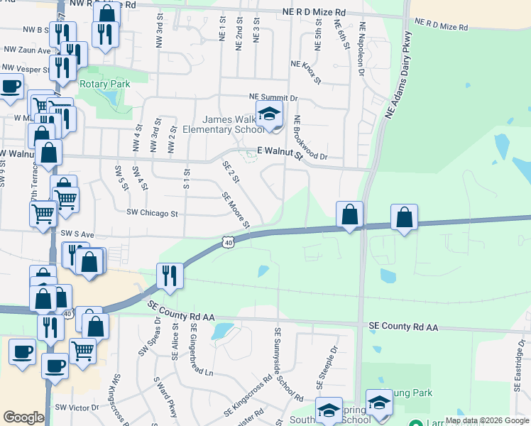 map of restaurants, bars, coffee shops, grocery stores, and more near 320 Southeast 2 Street in Blue Springs