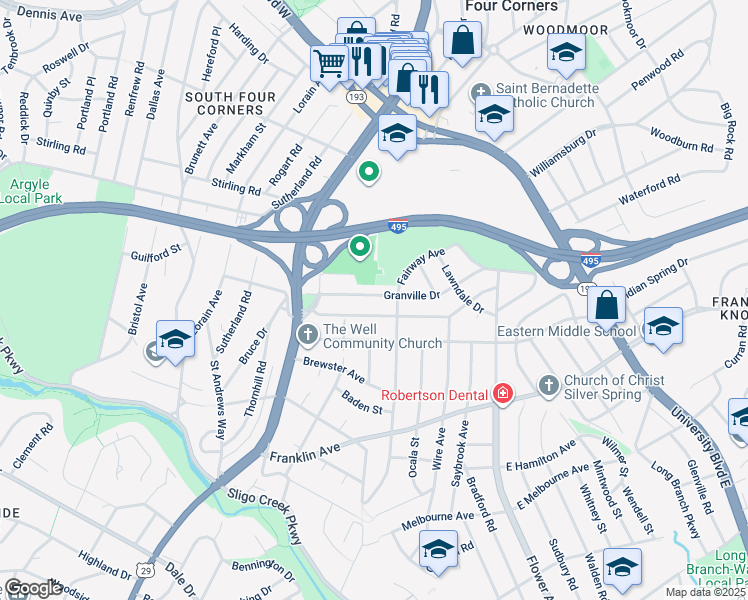 map of restaurants, bars, coffee shops, grocery stores, and more near 208 Granville Drive in Silver Spring