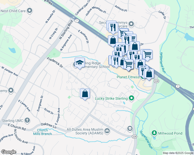 map of restaurants, bars, coffee shops, grocery stores, and more near 21791 Leatherleaf Circle in Sterling