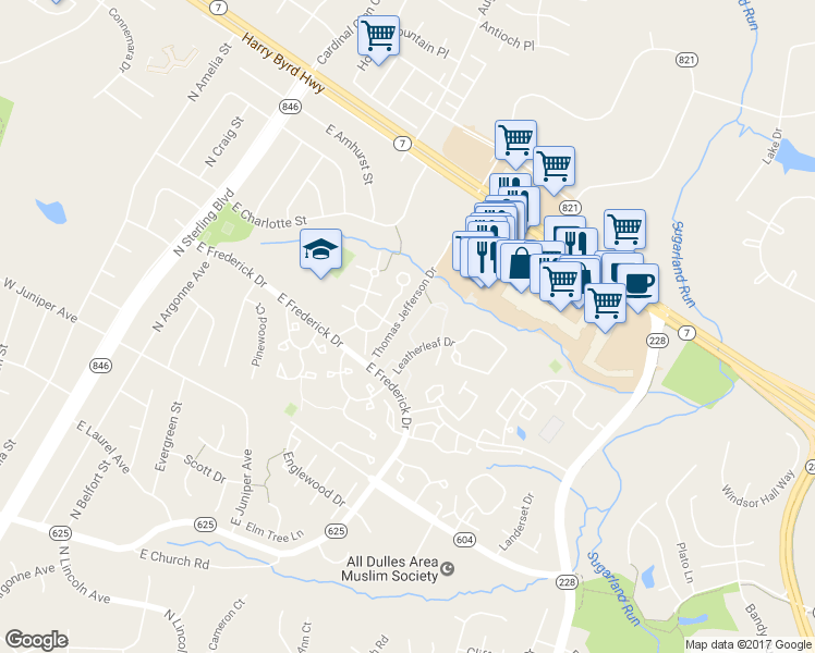 map of restaurants, bars, coffee shops, grocery stores, and more near 21791 Leatherleaf Circle in Sterling
