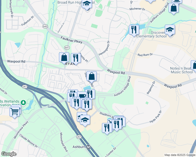 map of restaurants, bars, coffee shops, grocery stores, and more near 21783 Goose Cross Terrace in Ashburn