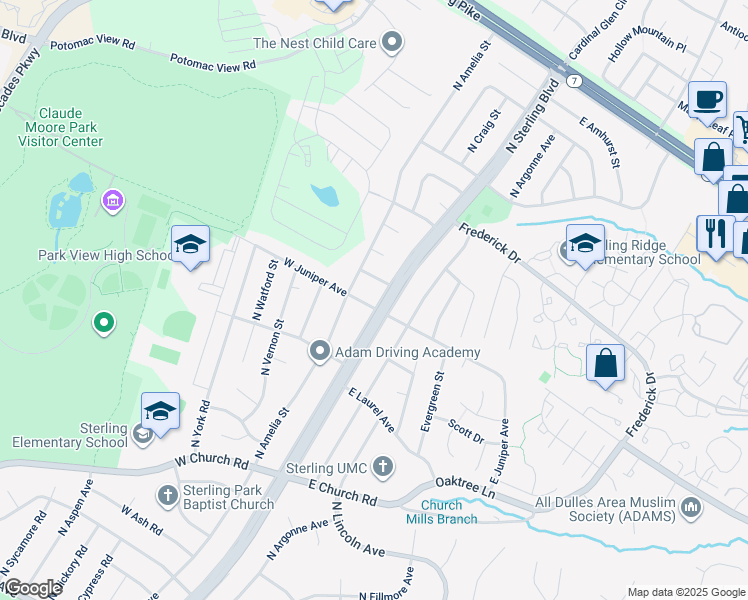 map of restaurants, bars, coffee shops, grocery stores, and more near 1001 North Sterling Boulevard in Sterling