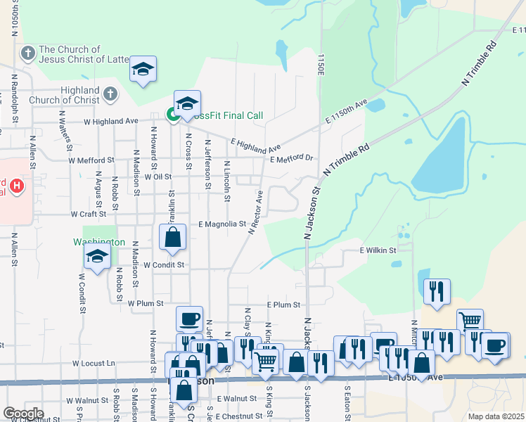 map of restaurants, bars, coffee shops, grocery stores, and more near 1001 Robinwood Drive in Robinson
