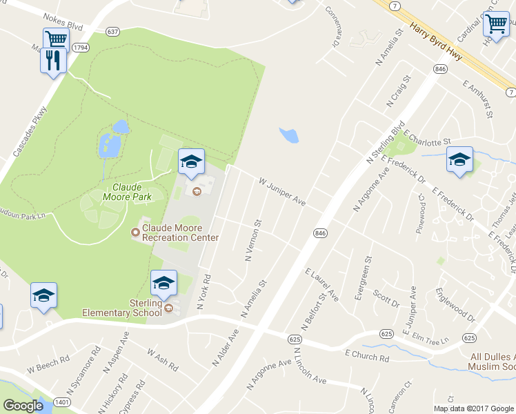 map of restaurants, bars, coffee shops, grocery stores, and more near 901 North Vernon Street in Sterling