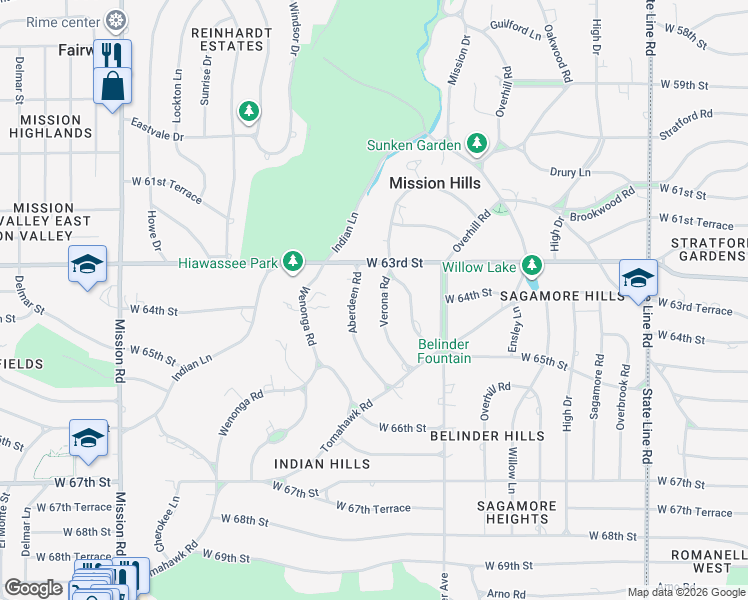 map of restaurants, bars, coffee shops, grocery stores, and more near 6401 Aberdeen Road in Mission Hills