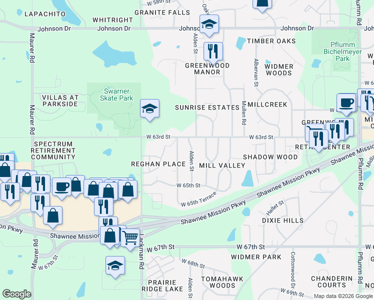 map of restaurants, bars, coffee shops, grocery stores, and more near 6319 Charlotte Street in Shawnee