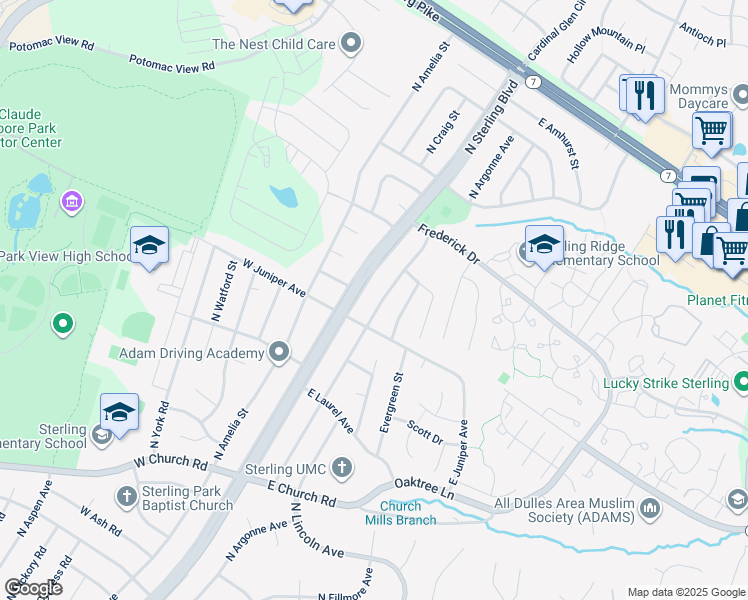 map of restaurants, bars, coffee shops, grocery stores, and more near 1101 North Argonne Avenue in Sterling