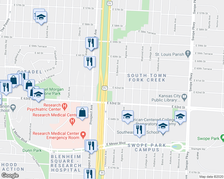 map of restaurants, bars, coffee shops, grocery stores, and more near 2813 East 62nd Street in Kansas City