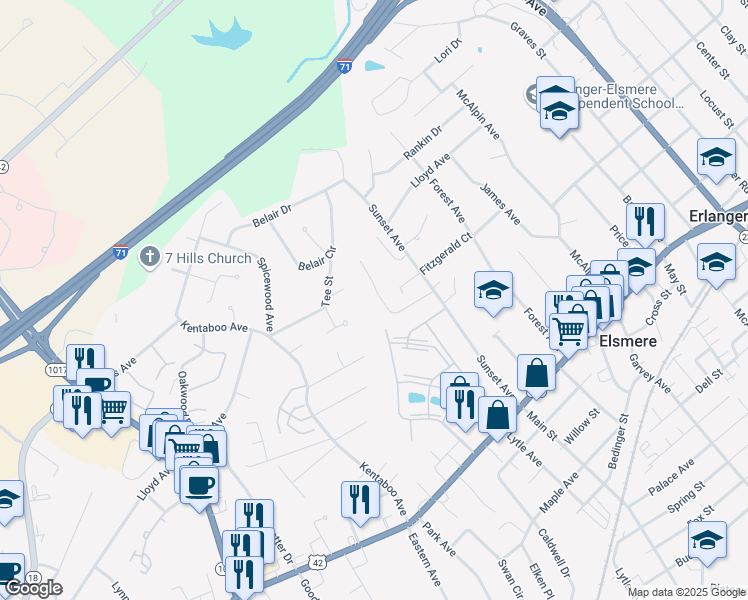 map of restaurants, bars, coffee shops, grocery stores, and more near 4221 Lafayette Court in Erlanger