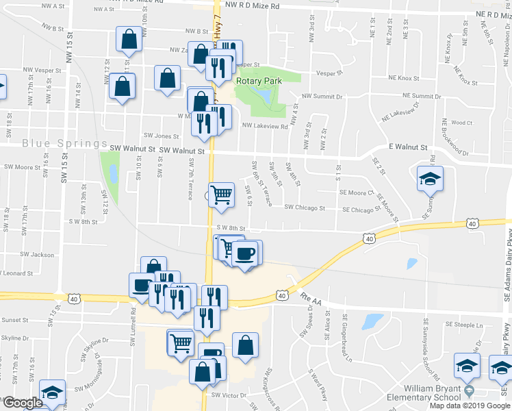 map of restaurants, bars, coffee shops, grocery stores, and more near 503 Southwest 6th Street in Blue Springs