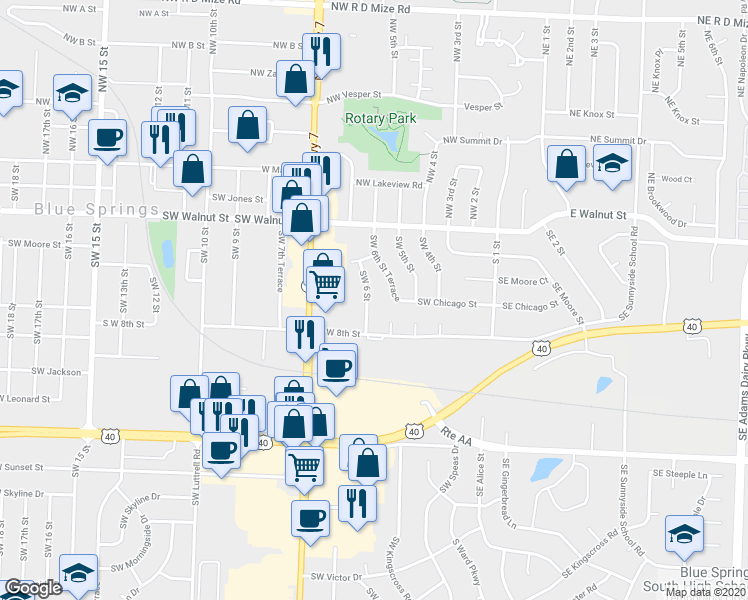 map of restaurants, bars, coffee shops, grocery stores, and more near 503 Southwest 6th Street in Blue Springs