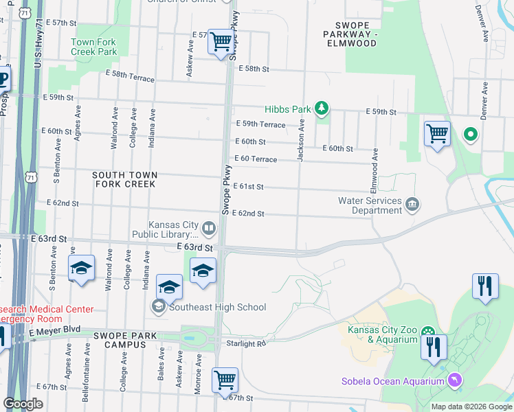 map of restaurants, bars, coffee shops, grocery stores, and more near 3829 East 62nd Street in Kansas City