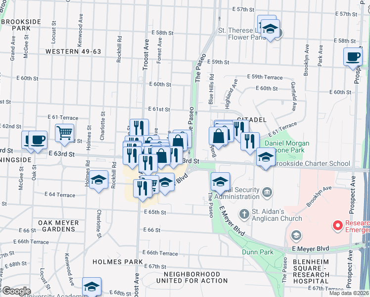 map of restaurants, bars, coffee shops, grocery stores, and more near 6230 The Paseo in Kansas City