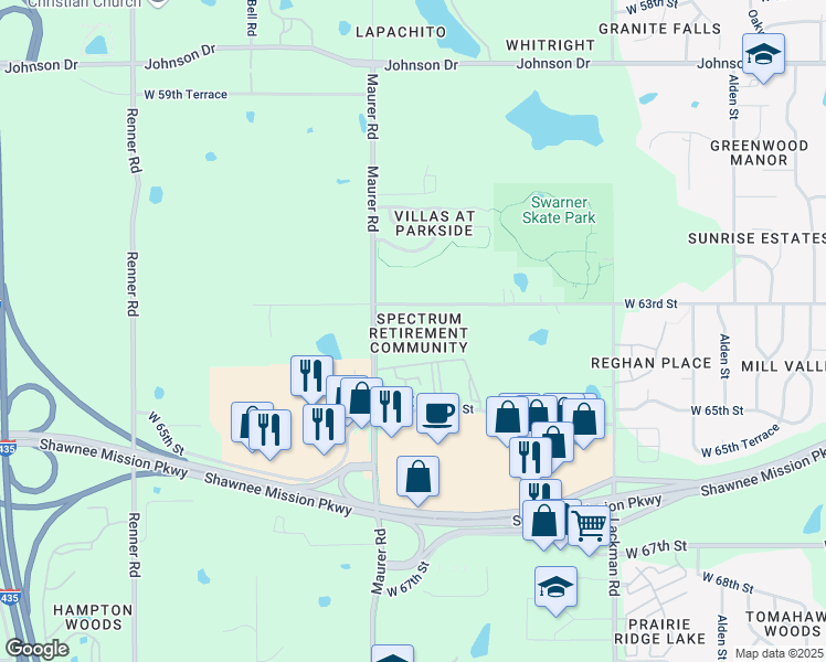 map of restaurants, bars, coffee shops, grocery stores, and more near 6335 Maurer Road in Shawnee
