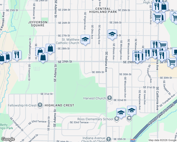 map of restaurants, bars, coffee shops, grocery stores, and more near 1031 Southeast 30th Street in Topeka