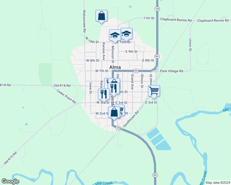 map of restaurants, bars, coffee shops, grocery stores, and more near 306-398 Missouri Street in Alma