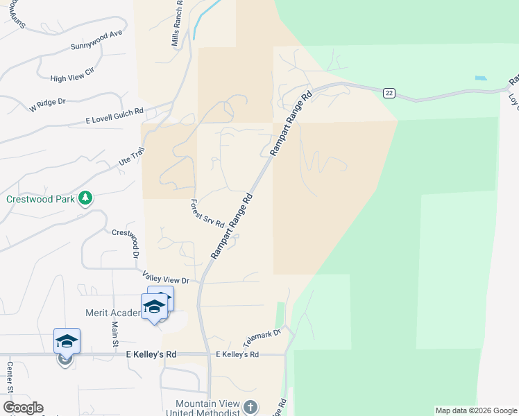 map of restaurants, bars, coffee shops, grocery stores, and more near 2001 Rampart Range Road in Woodland Park