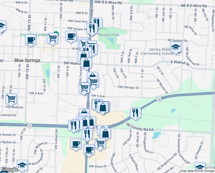 map of restaurants, bars, coffee shops, grocery stores, and more near 503 Southwest 6th Street in Blue Springs