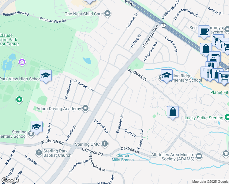 map of restaurants, bars, coffee shops, grocery stores, and more near 1101 North Argonne Avenue in Sterling