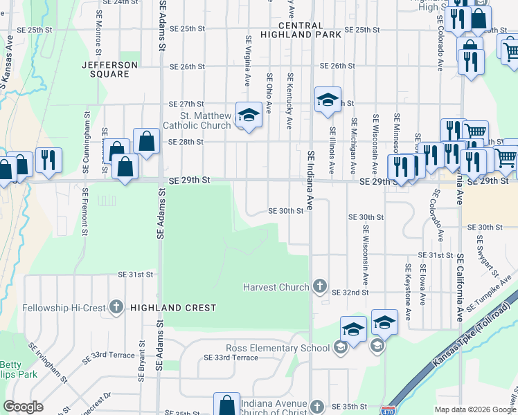 map of restaurants, bars, coffee shops, grocery stores, and more near 1031 Southeast 30th Street in Topeka