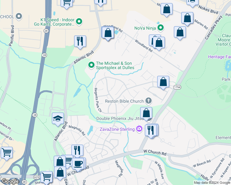 map of restaurants, bars, coffee shops, grocery stores, and more near 21765 Tottenham Hale Court in Sterling
