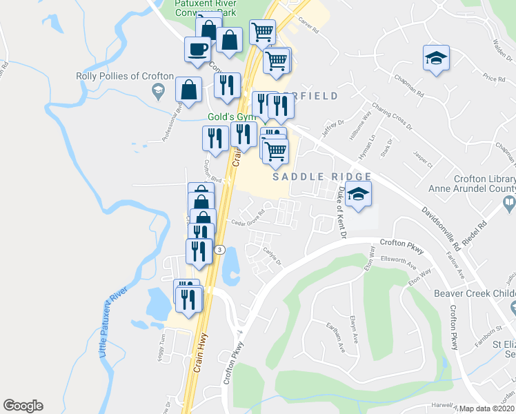 map of restaurants, bars, coffee shops, grocery stores, and more near 1466 Flatwood Court in Crofton