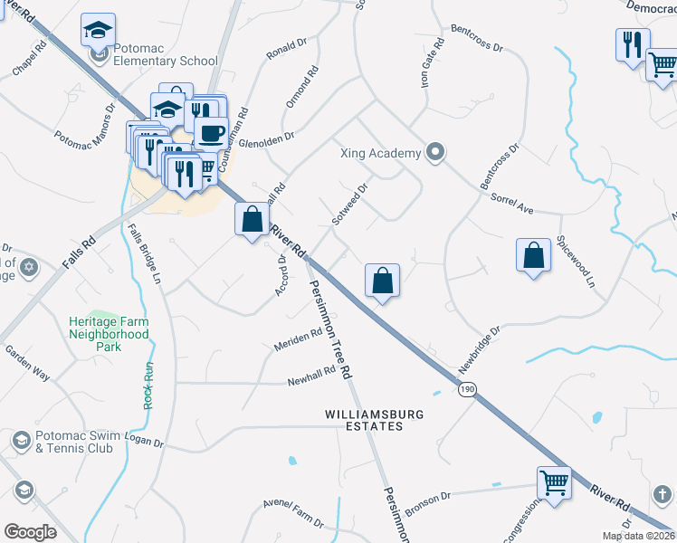 map of restaurants, bars, coffee shops, grocery stores, and more near 9601 Persimmon Tree Road in Rockville