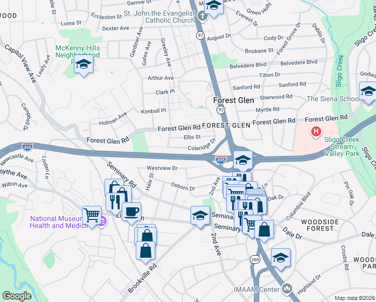 map of restaurants, bars, coffee shops, grocery stores, and more near 2124 Coleridge Drive in Silver Spring