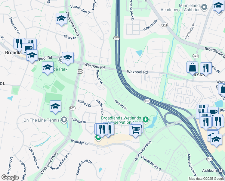 map of restaurants, bars, coffee shops, grocery stores, and more near 43270 Farringdon Square in Ashburn