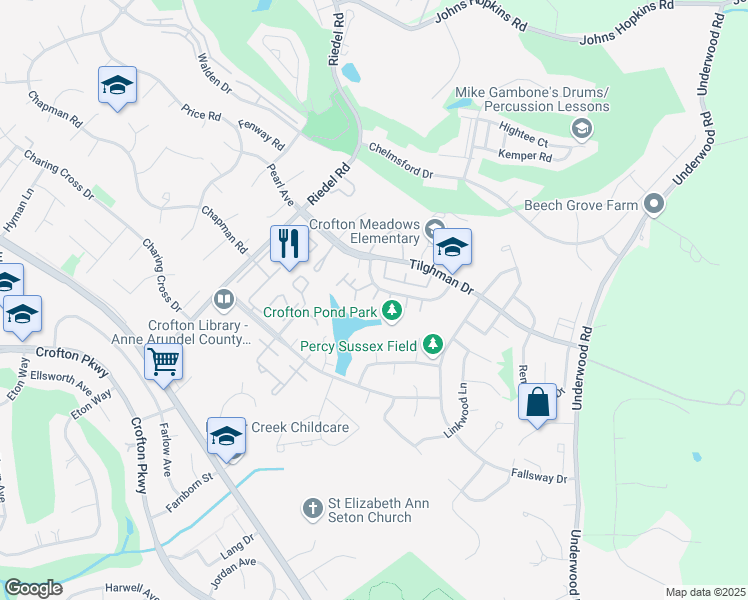map of restaurants, bars, coffee shops, grocery stores, and more near 1905 Topango Place in Crofton