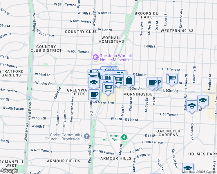 map of restaurants, bars, coffee shops, grocery stores, and more near 6300 Brookside Plaza in Kansas City