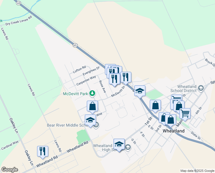 map of restaurants, bars, coffee shops, grocery stores, and more near 608 Rose Avenue in Wheatland