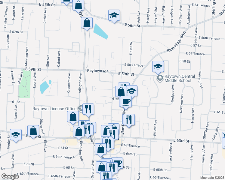 map of restaurants, bars, coffee shops, grocery stores, and more near 6000 Raytown Rd in Kansas City